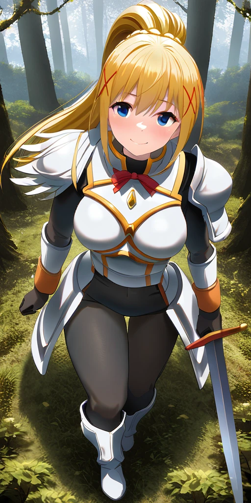 A woman wearing tight black clothing, white armor with orange details, blonde hair, ponytail hair, blue eyes, smiling, holding a medieval sword, walking in a fantasy forest, full body, stereogram, tachi-e, point of view, atmospheric perspective, 8k, super detail, accurate, best quality, award-winning, textured skin, high resolution, anatomically correct, bokeh effect, ((woman solo)