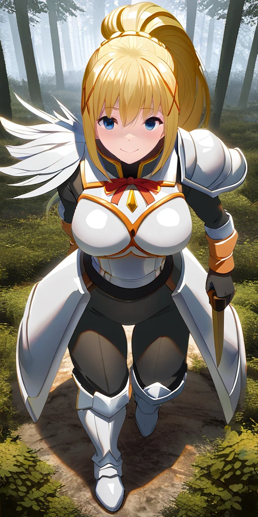 A woman wearing tight black clothing, white armor with orange details, blonde hair, ponytail hair, blue eyes, smiling, holding a medieval sword, walking in a fantasy forest, full body, stereogram, tachi-e, point of view, atmospheric perspective, 8k, super detail, accurate, best quality, award-winning, textured skin, high resolution, anatomically correct, bokeh effect, ((woman solo)