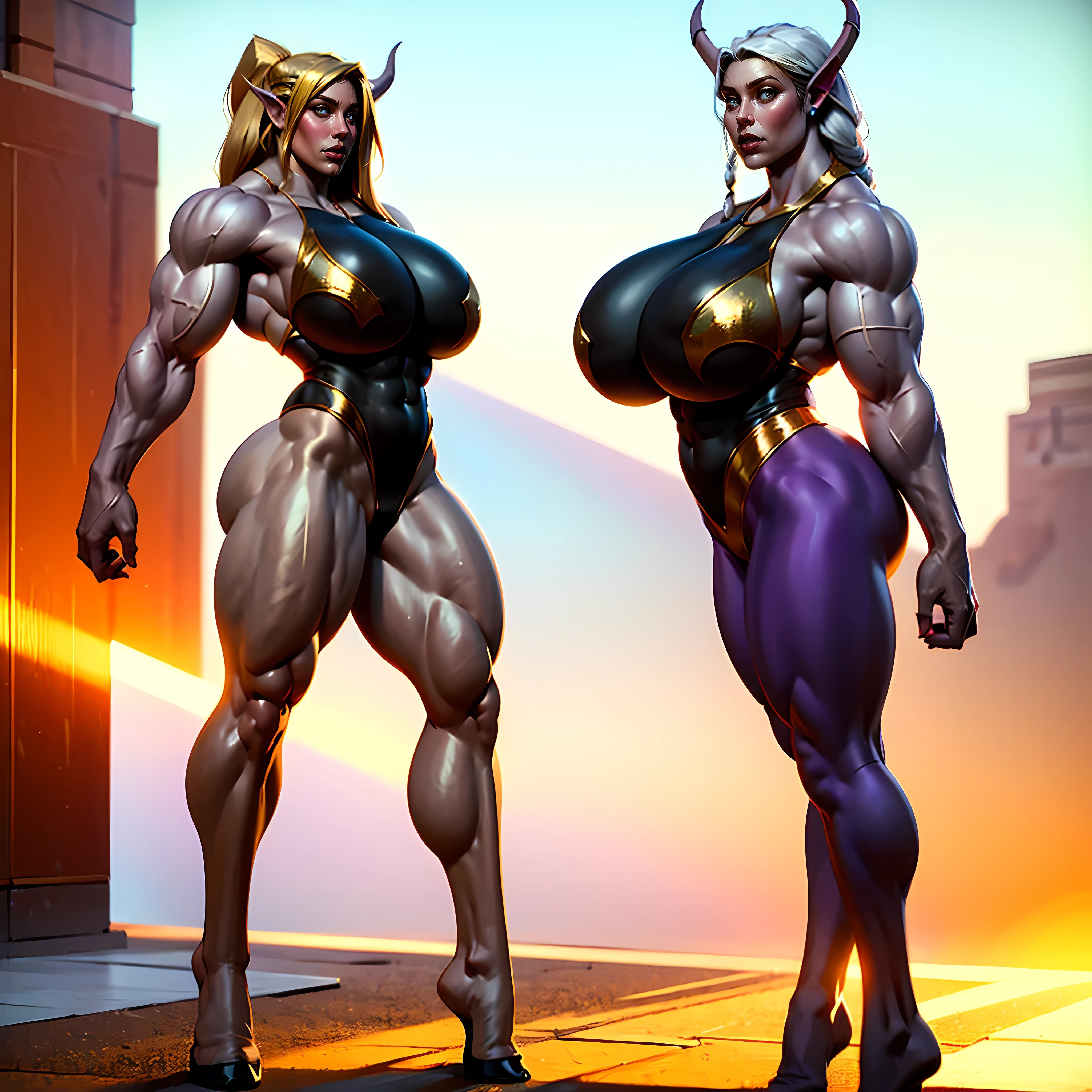 Masterpiece, ((((Massive Female Bodybuilder:1.5)))), ((((huge breasts:1.5)))), Hyperrealistic, front fullbodyshot of a beautiful Draenei female from world of warcraft, totally naked, (NSFW), Perfect face features with expressive glowing golden eyes, long blon hair with braids, pointy ears, big ram horns, ((wide hips)), thin deer nose, forhead glowing rune. Hooved feet, Grey pale skin, Perfect body shape curvy and muscular thick body, slim waist, clivage, thick thighs, ((long legs:1.2)), ((huge muscular ass)), glowing body tattoos