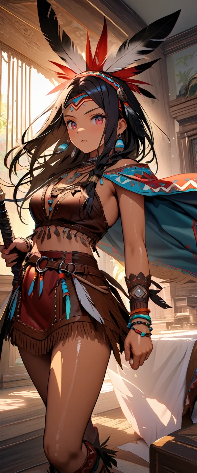 Native American female warrior\(cute,beautiful,age of 18,holding heavy tomahawk,leather dress\(fringe, glass beads\),indian cape\(fringe, glass beads\), war bonnets\(Native American feather crown\),shiny dark fresh skin,breast,necklace\(lots of fangs),indian moccasins,glass bead earrings), BREAK ,background(American western wilderness),Dynamic action poses, dynamic angles, BREAK ,quality\(8k,wallpaper of extremely detailed CG unit, ​masterpiece,hight resolution,top-quality,top-quality real texture skin,hyper realisitic,increase the resolution,RAW photos,best qualtiy,highly detailed,the wallpaper,cinematic lighting,ray trace,golden ratio\)[nsfw:2.0],looking at viewer