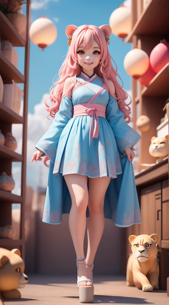 (masterpiece),(best quality),(Extremely detailed), (Full Body Love: 1.2), 1 cute girl, Big avatar，Qibi,Lovely, Very shy, Light blue curly hair,(beautiful eyes), Hanfu,Blue shirt, Pink skirt, lion, (坐在lion背上), Smile happily, Fly over the clouds，There are some lanterns on the shelves,  (Beautiful and delicate face),