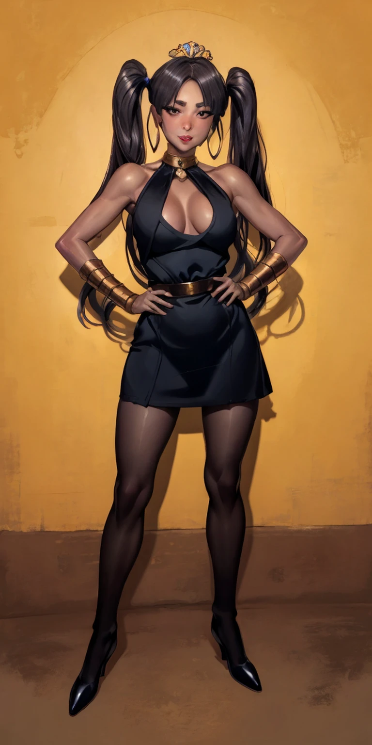full body standing straight symmetrical, huge cowboy shot, solo 1MILF, lustful smirking smile face, looking at viewer, hands on hips, twin tails, twin drills, dress, striped pantyhose, metal handcuffs on their hands with a black maetal slave collar around her neck, cowbell attached to the choker, sleeveless, black stockings, golden tiara