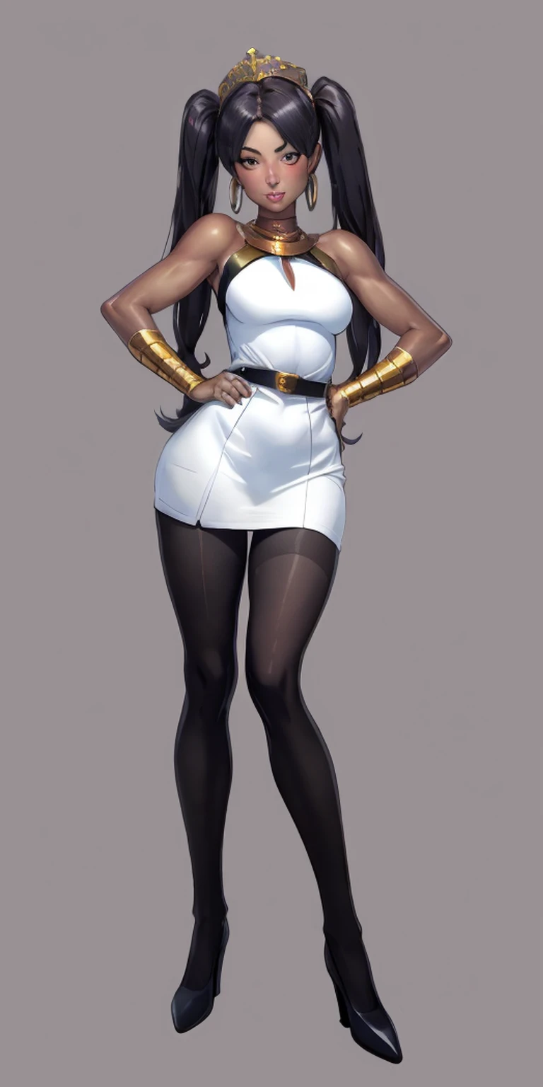 full body standing straight symmetrical, huge cowboy shot, solo 1MILF, lustful smirking smile face, looking at viewer, hands on hips, twin tails, twin drills, dress, striped pantyhose, metal handcuffs on their hands with a black maetal slave collar around her neck, cowbell attached to the choker, sleeveless, black stockings, golden tiara