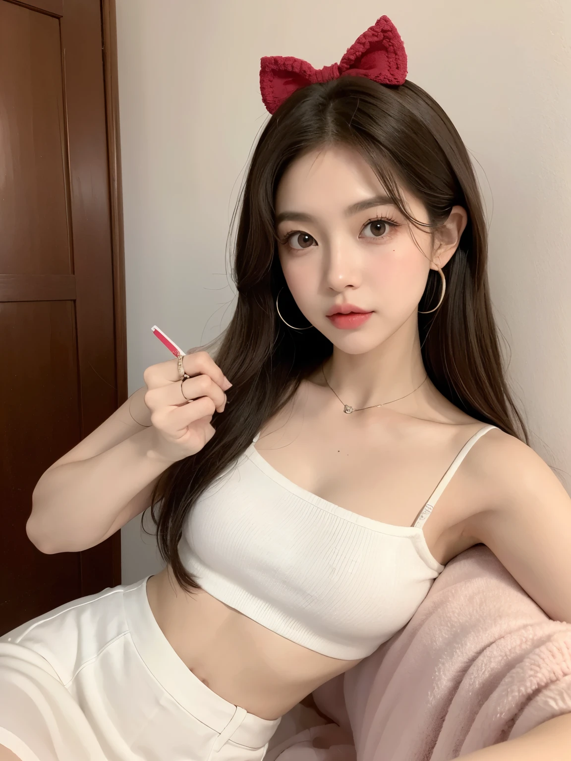 Kim Jennie with white brown hair, con rulos en las puntas, with two bows on each side of the hair, all her hair white brown, with a star clip in her white brown hair, ojos de color claro, ojos bonitos, ojos llorosos, nariz bonita y respingada, nariz lloroso, labios bonitos, labios rosas, heart and cupid shaped lip, piel bonita, pale, piel blanca, con lunares y pecas en todo el rostro, rubor rosa suave en las mejilla, rubor rosa natural, maquillaje suave y rosa, jennie, cuello bonito, cuello marcado, frown, mirada tierna, con un collar de beso, un collar bonito de beso, parecido a Yumeko Jabami, mientras lleva puesto un Crochet YK2, de lana, with a YK2 style brown mini skirt, mientras lleva una casaca con estampados de ositos, mientras tiene el abdomen desnudo, delgado, marcado y bonito, (pechos grandes, pechos suaves, pechos bonitos), mientras esta haciendo cospaly del personaje Yumeko Jabami, del anime Kakegurui, mirando a la camara, autofoto, selfie bonita