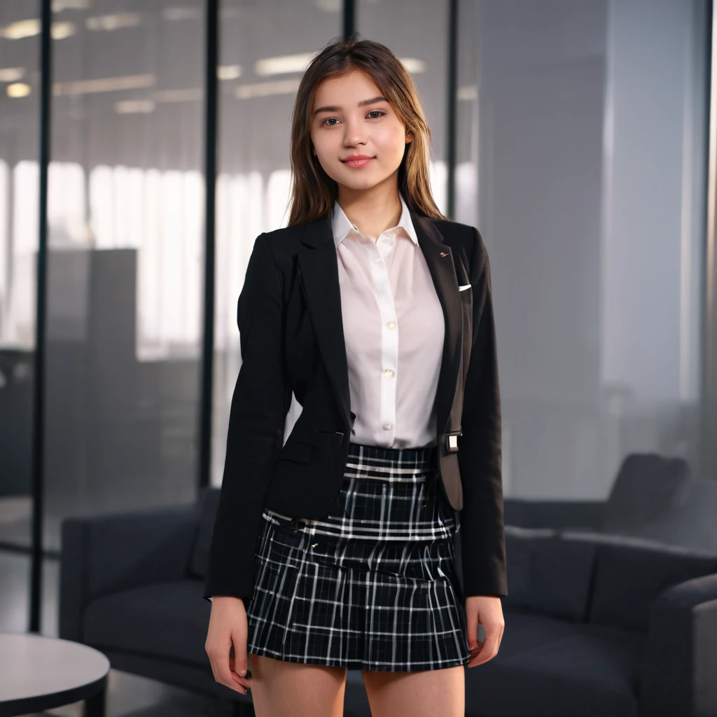 Top Quality, Masterpiece, 1 Girl, Beautiful Face, (Photorealistic Photos:1.3), Rim Lighting, (High Detail Skin:1.2), 8K UHD, DSLR, High Quality, High Definition, 4K, 8K, Bokeh, (Real: 1.3), Small Face, Cute One Girl, Black Formal Blazer, Middle Breast, Short Skirt,Office