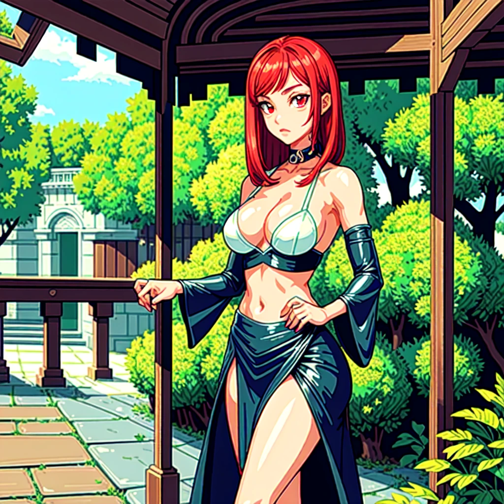 1girl, solo, luminedef, cleavage, (glowing red eyes), BREAK (center opening, navel, midriff, skirt, detached sleeves:1.2), BREAK (perspire,Sweat a lot,Blushlush,Be red in the face,Blushlush), Stand at the door of the phone booth,arms behind back, BREAK ball gown, in the garden of trees, wedding decorations, BREAK ((top quality, 8k, masterpiece: 1.3, ultra hd, high quality, best quality, high definition, realism)), sharp focus: 1.5, Beautiful woman with Slim body, (perfect hands, perfect anatomy)