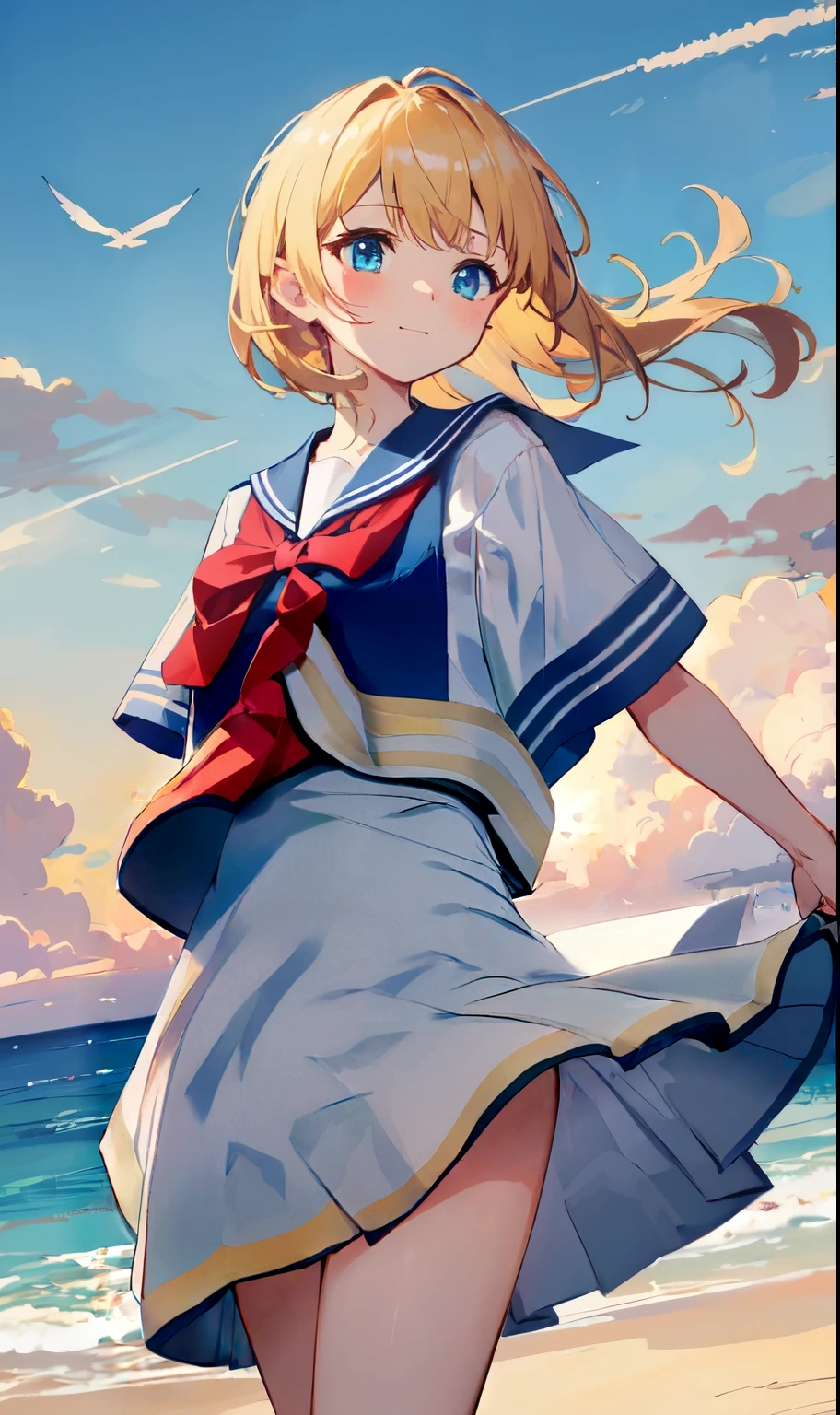 (highest quality, HDR, masterpiece, 8K, super detailed:1.2), cinematic angle, shine, shiny skin, Backlight, particles of light,
outdoor, Day, まだらのDay差し, Ocean, beach, skyline, blue sky, beautiful clouds, gradation sky, contrail,
1 girl, alone, cowboy shot, slight smile, blush, from below, floating hair, Wind,sailor suit、blonde、blue eyes