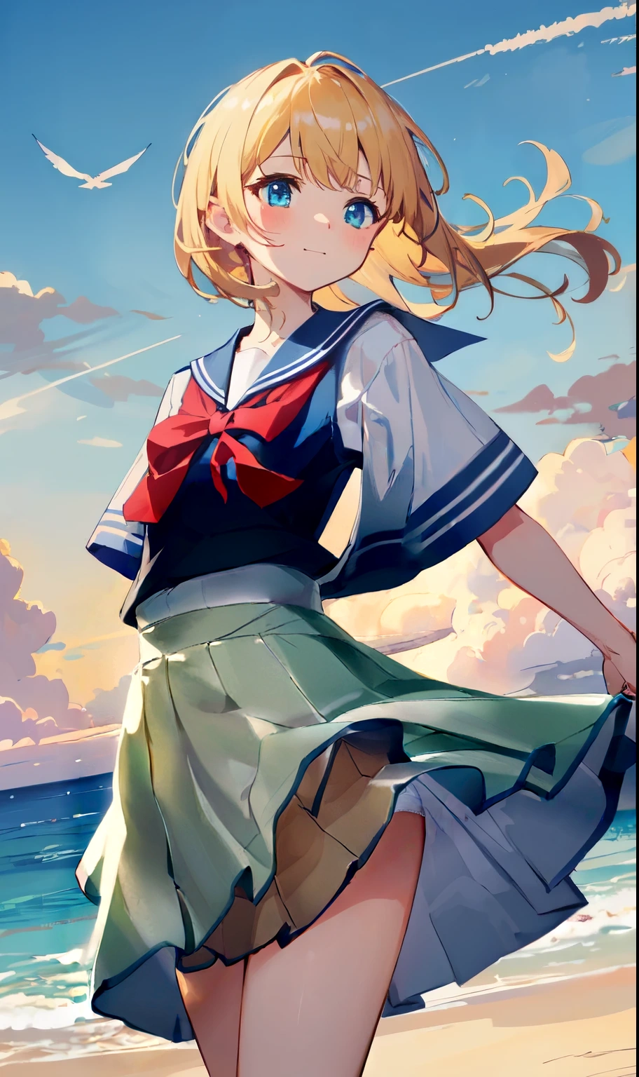 The strong wind is blowing her skirt up、White cotton panties are visible