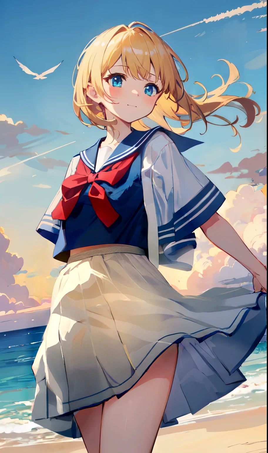 The strong wind is blowing her skirt up、White cotton panties are visible