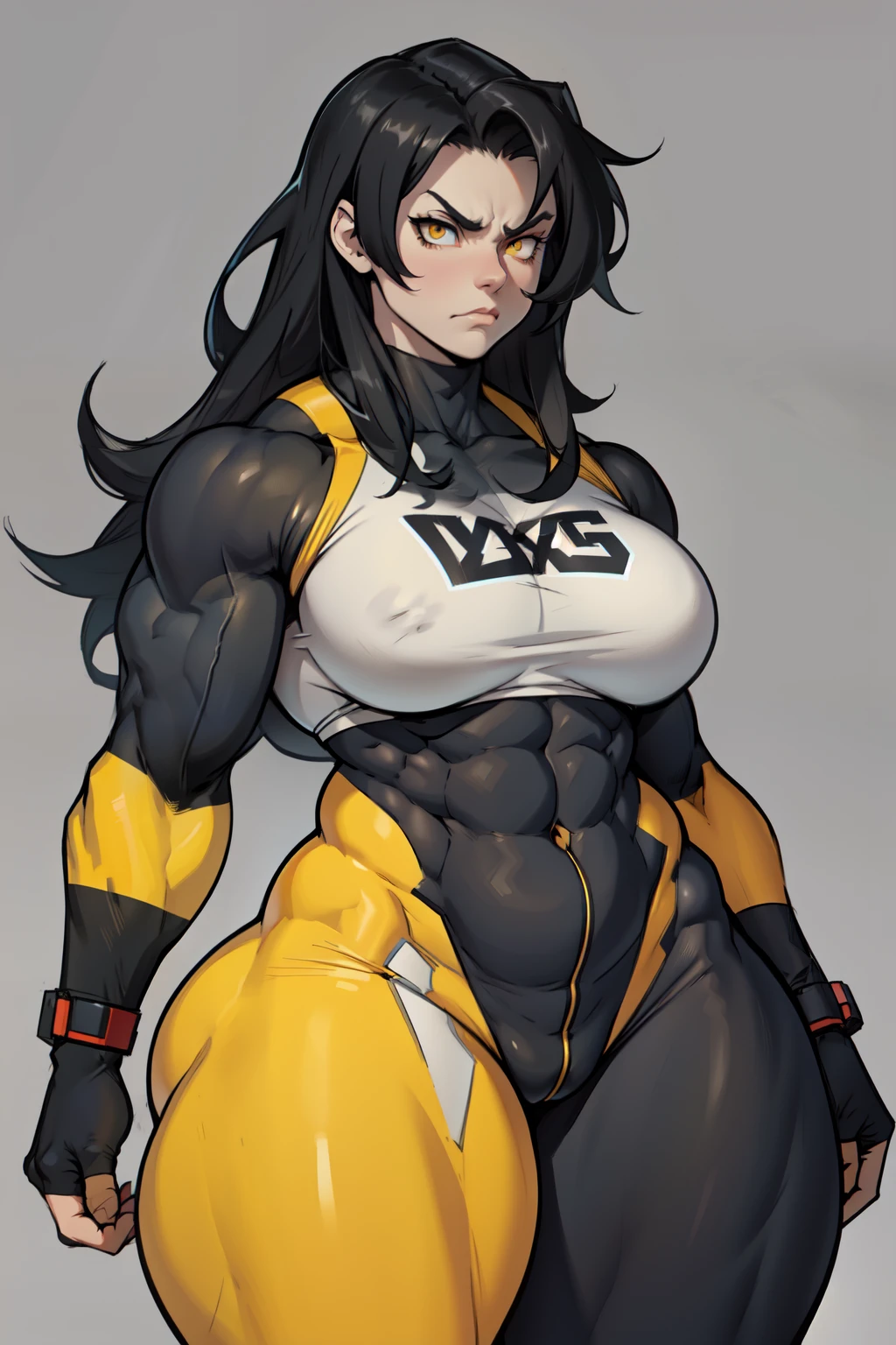 pale skin ((1 girl muscular toned body bodybuilder curvy wide hips thick thick thick thick)) ((grey background)) black hair yellow eyes (very long hair) angry (solo) standing skintight