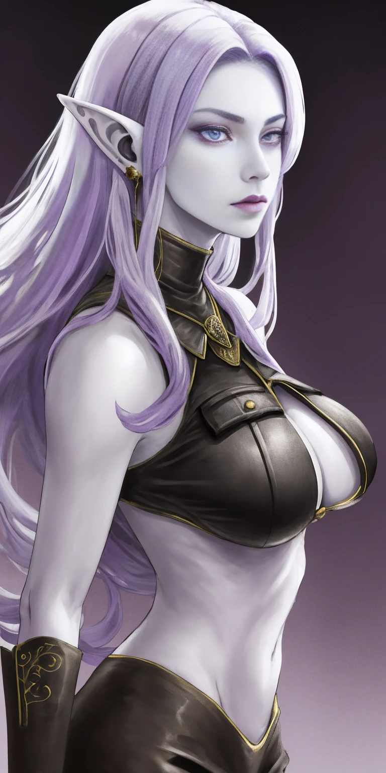 ((light purple skin)), girl elf, long ears, pointy ears, big breast, tall