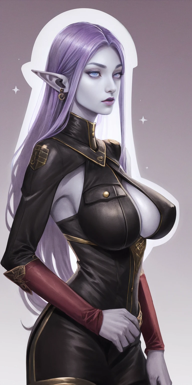 ((light purple skin)), girl elf, long ears, pointy ears, big breast, tall