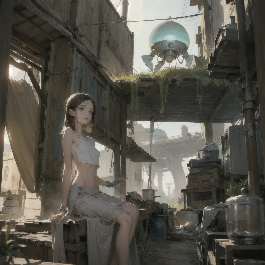 Gentle slim (skinny) girl with an exquisite, perfect, very beautiful face of the southern type with large alien eyes with dark amber hair, naked with beautiful tender bare breasts (with pink tender nipples) with bare hips (in a long old brown skirt) (barefoot) in a post apocalyptic city (on another planet) (on the street next to a fantastic futuristic spaceship), setting sun, (delicate mint and blue shades), peach and golden shades, freshness and coolness of the evening, tenderness, Fantastic surroundings, (The girl is wearing electronic bracelets and rich precious jewelry on her neck and chest, bare chest), buildings and control panels, Signal lights, (coffee and books), ((Flying saucer)), ((old appliances, apparatus)), Friendly face, post-apocalyptic, everything is overgrown with grass