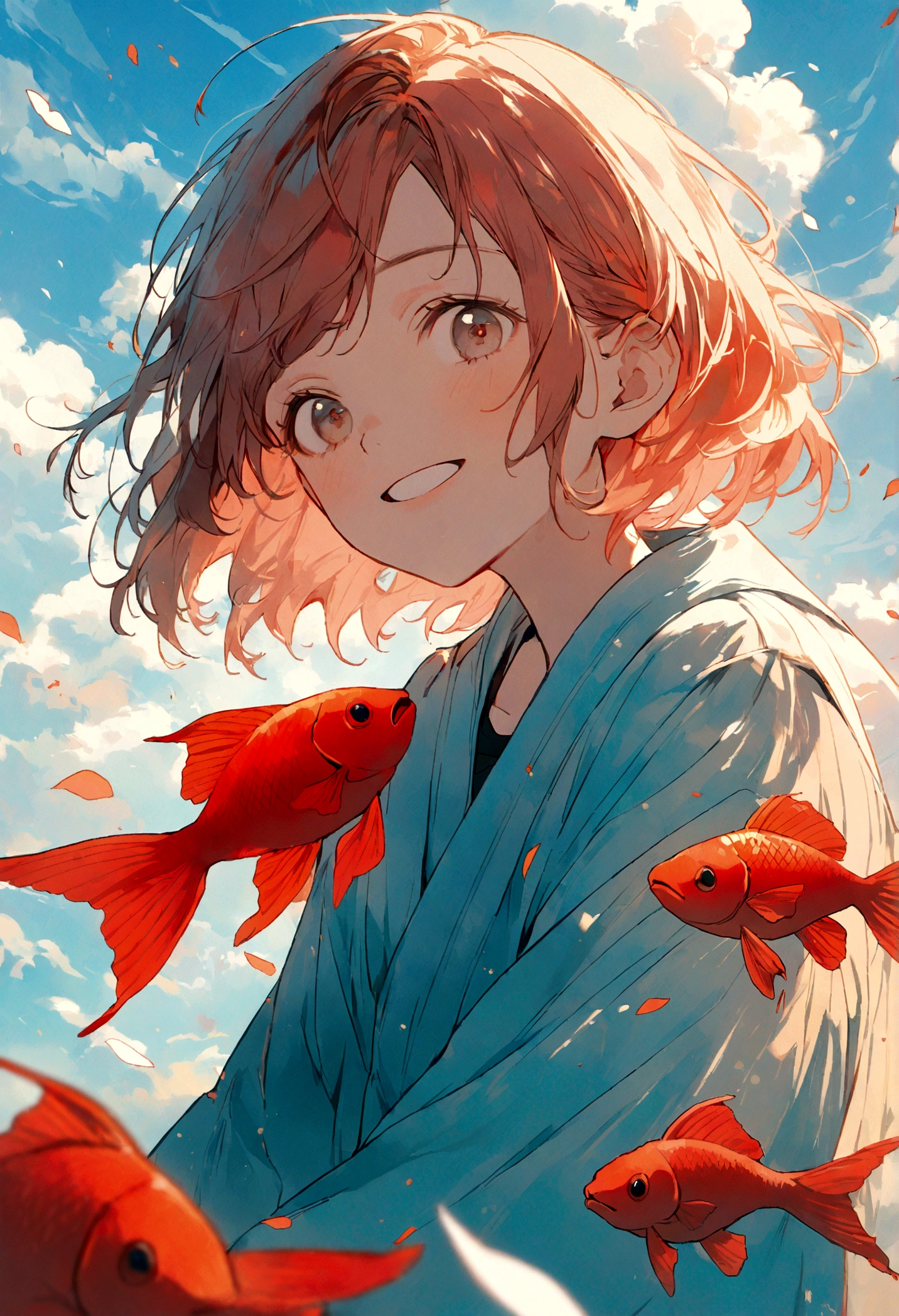 2D illustration, a Chinese youth sitting on a red goldfish, flying in the air, looking happily and firmly above, blue sky and white clouds in the background, close-up of the character, depth of field effect, soft light, vibrant colors, relaxed atmosphere, fresh tones, high quality, 8k --ar 3:4 --s 750 --niji 5