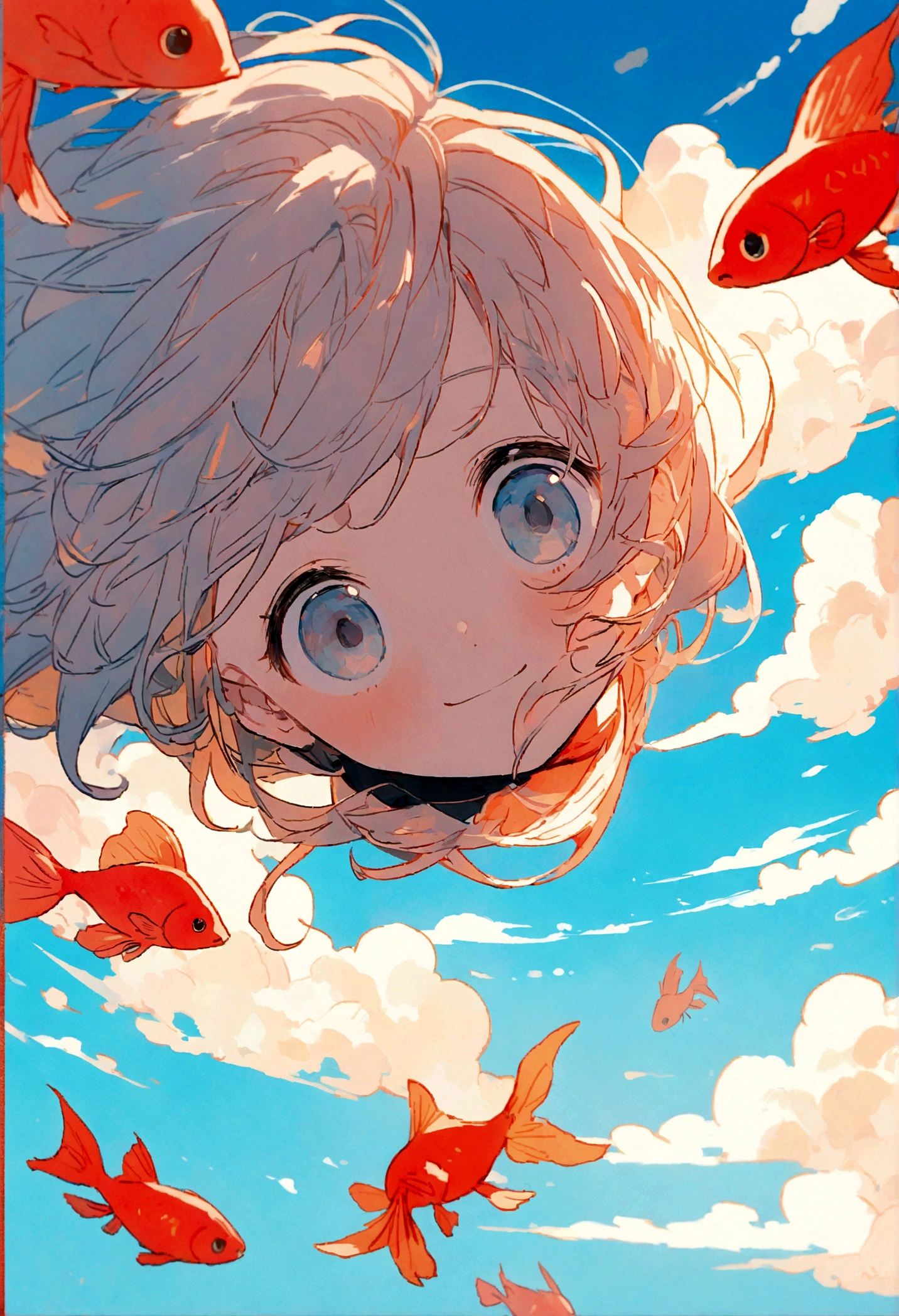 2D illustration, a Chinese youth sitting on a red goldfish, flying in the air, looking happily and firmly above, blue sky and white clouds in the background, close-up of the character, depth of field effect, soft light, vibrant colors, relaxed atmosphere, fresh tones, high quality, 8k --ar 3:4 --s 750 --niji 5