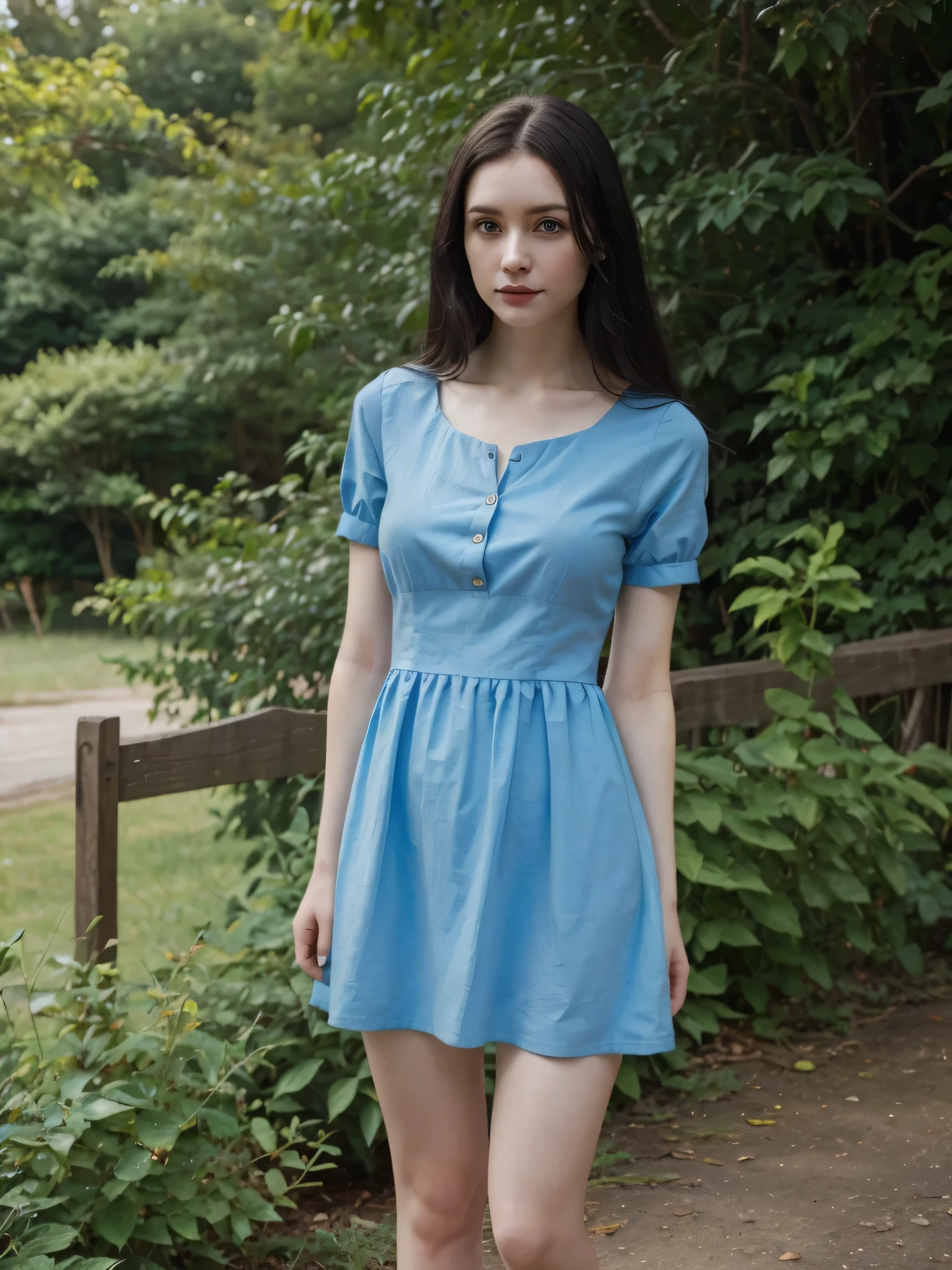 Beautiful girl, black hair, pale skin, wearing blue summer dress, standing, outdoor