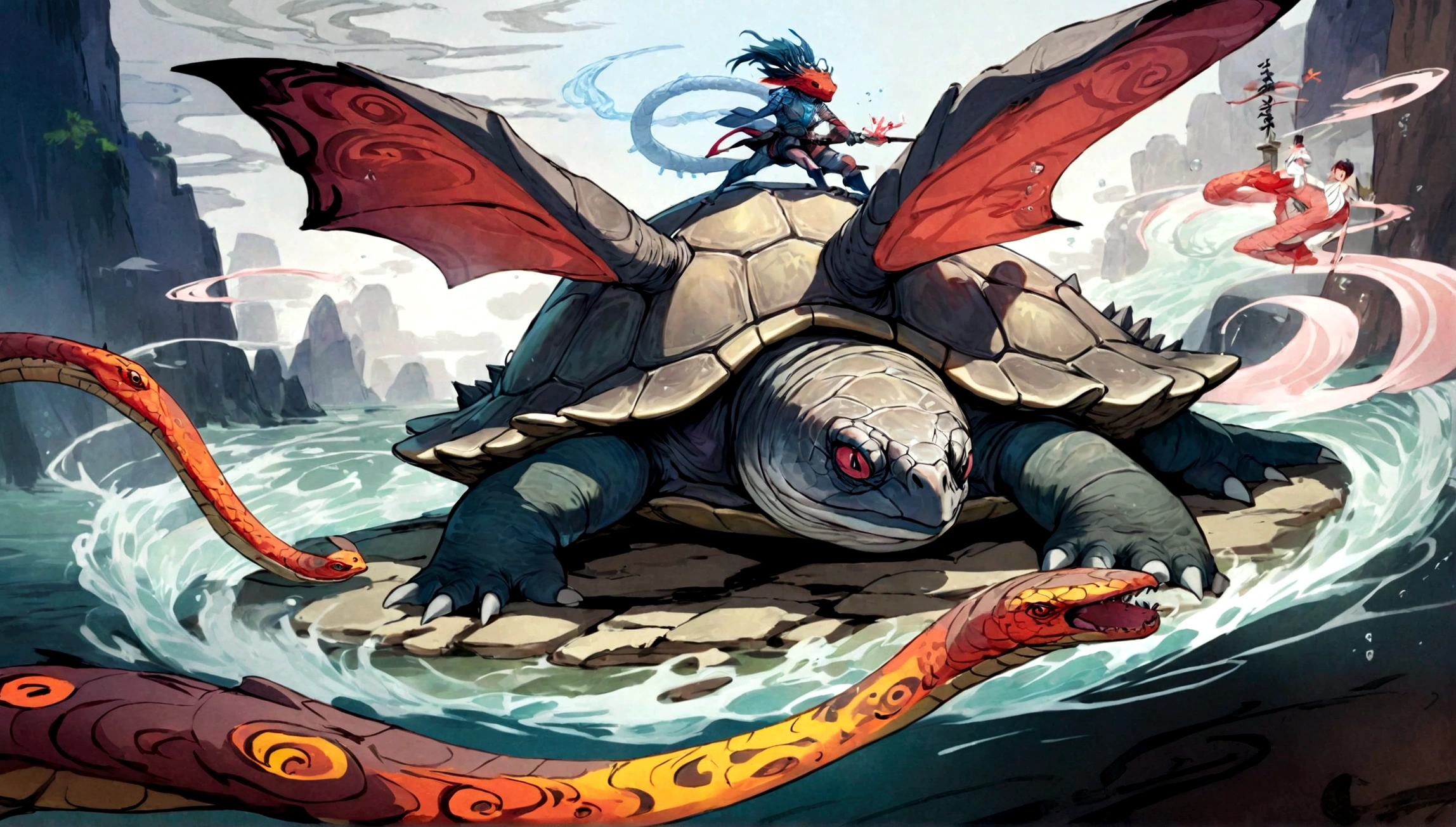 The giant turtle with a dragon head and a snake tail has many sharp spikes on its shell, controlling the power of water