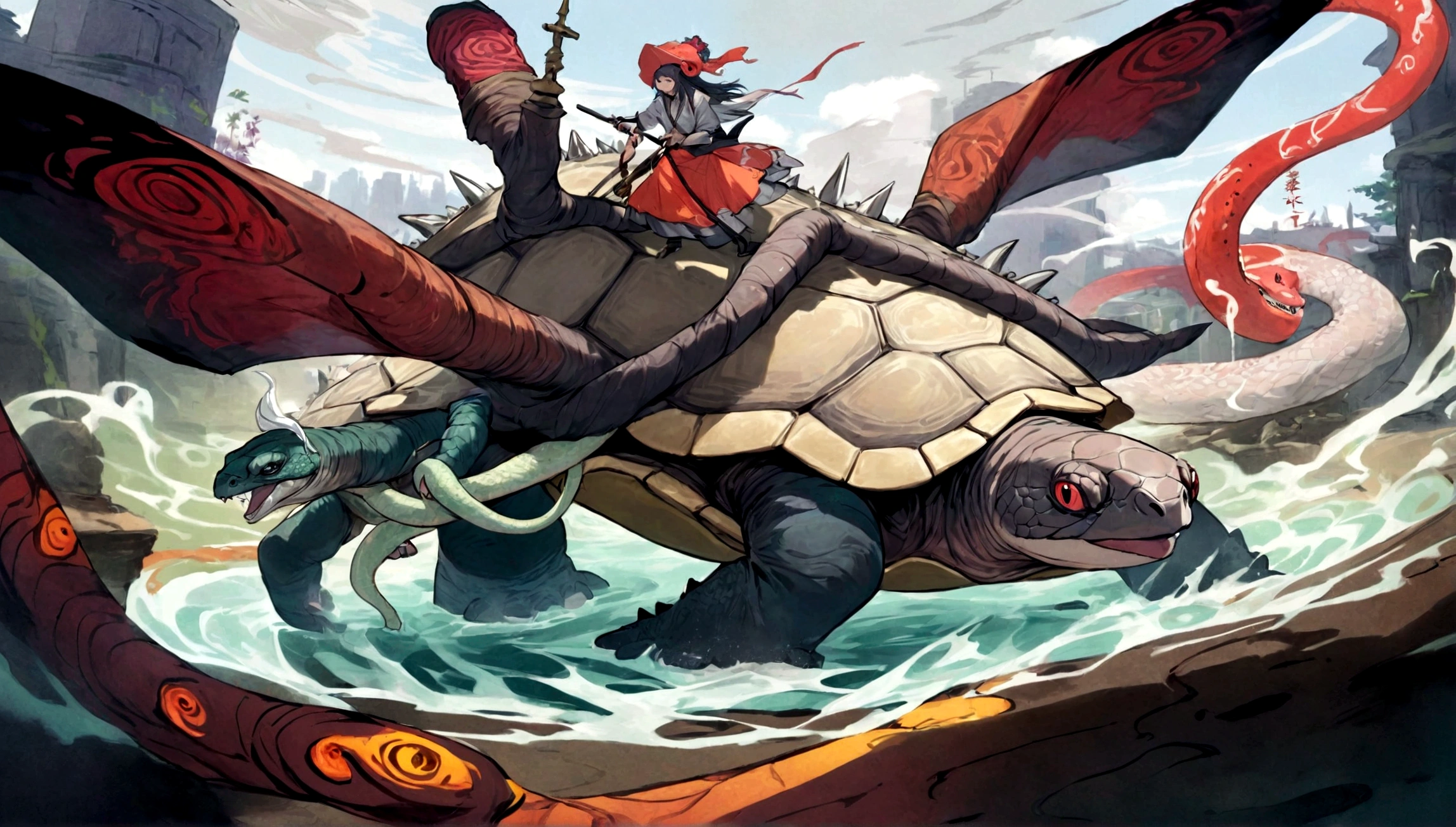 The giant turtle with a dragon head and a snake tail has many sharp spikes on its shell, controlling the power of water