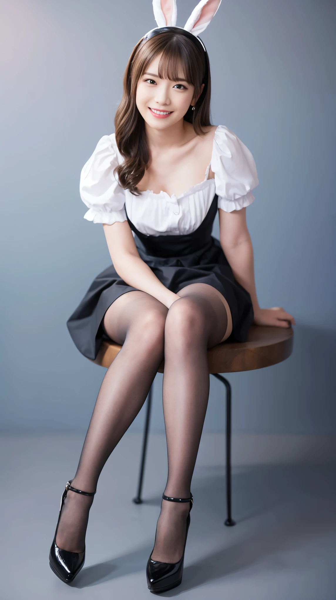 Bunny girl in a light blue maid outfit:1.5，Wearing black tights:1.5，The best smile:1.5，Full Body Shot:1.5，Gray background:1.5，Wearing black high heels:1.5，Sit with your legs apart:1.5，