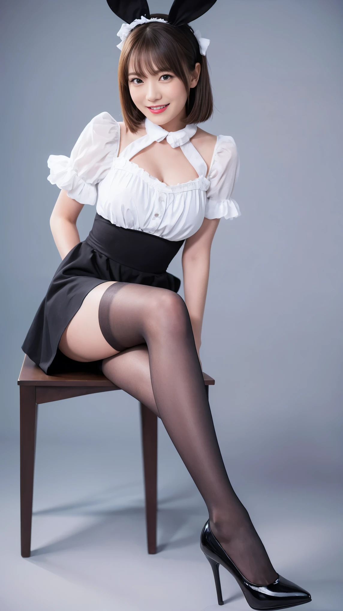 (Only one person), Pure Japanese young girl, wearing white color gothic Lolita style dress and accessories, pantyhose, classical high heels, vivid makeup and lips, thick eyebrows, arranged hair styles, sweet smile, sitting on chair, antique gothic style rooms, lift up skirt, spread wide legs, soft sunlight, summer atmosphere, dazzle me, professional photography,