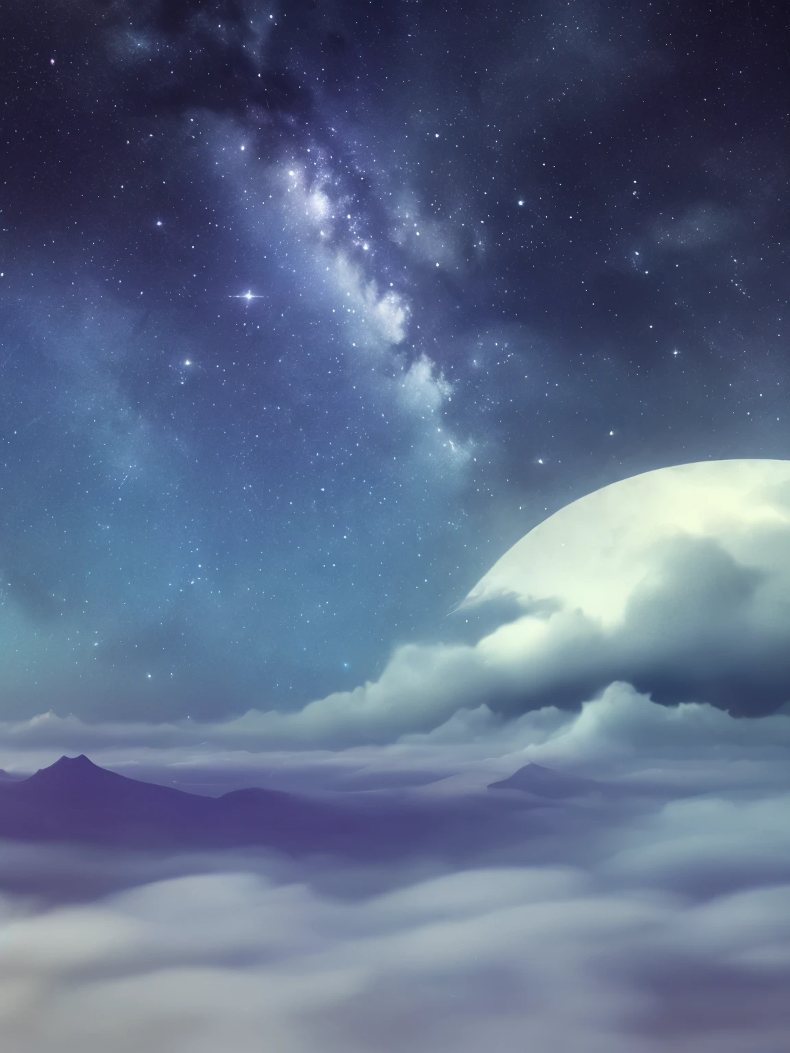 a view of a night sky with a crescent above the clouds, a matte painting by Shi Rui, flickr, space art, extremely beautiful and ethereal, fog and starry skies, glowing clouds, dreamy night, colorful night sky, beautiful night sky, foggy night sky, glowing colorful fog, incredibly ethereal, very magical and dreamy, ✨🕌🌙, dreamy sequence