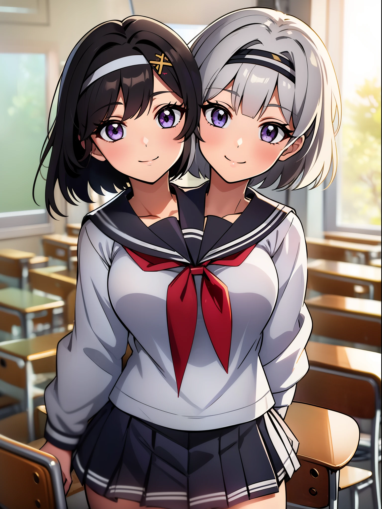 (masterpiece),best quality:1.5, ultra-detailed, high resolution, high quality, 16K, ((2heads:1.5)), ((black hair)), ((white hair)), (different hair colors), (1girl), conjoined twins, ((white seifuku uniform:1.5)), bow ties, outer jacket, (mini skirt with pleats), classroom, (gold eyes), (silver eyes), (different eye colors), short hair, student blouse, (headband), gentle smile