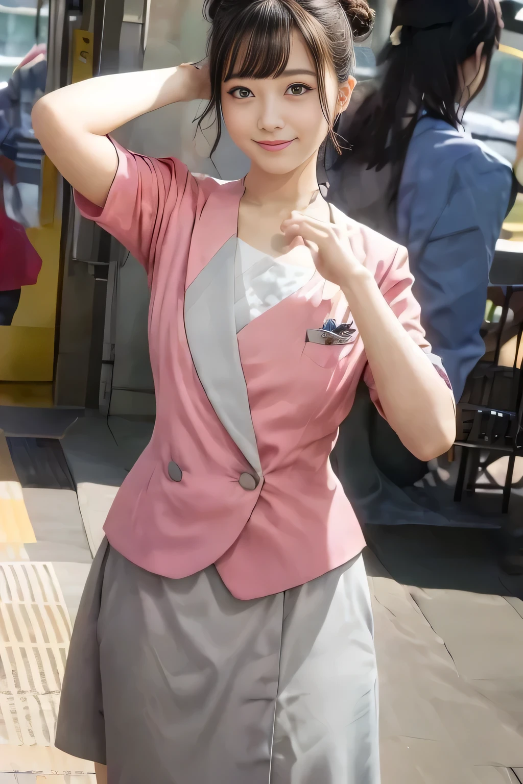 (masterpiece:1.2, highest quality:1.2), 32K HDR, High resolution, (alone、1 girl)、（On the rooftop of a building in the daytime、Professional Lighting）、Building rooftop background、（Nankai train crew uniform pinkを着たリアルスタイル）、（Nankai train crew uniform pink short sleeve pink jacket、Nankai Train Crew Uniform Pink Collarless Short Sleeve Blouse、Nankai Train crew uniform pinkのグレー色のキュロットスカート）、Dark brown hair、（Hair tied up、Hair Bun、Hair Bun）、Dark brown hair、Long Shot、Big Breasts、Thin legs、（（Great hands：2.0）），（（Harmonious body proportions：1.5）），（（Normal limbs：2.0）），（（Normal finger：2.0）），（（Delicate eyes：2.0）），（（Normal eyes：2.0））)、smile、（Nankai Train crew uniform pinkのグレー色のキュロットスカートを見せた美しい立ち姿）、Put your hands down、I have nothing in my hands