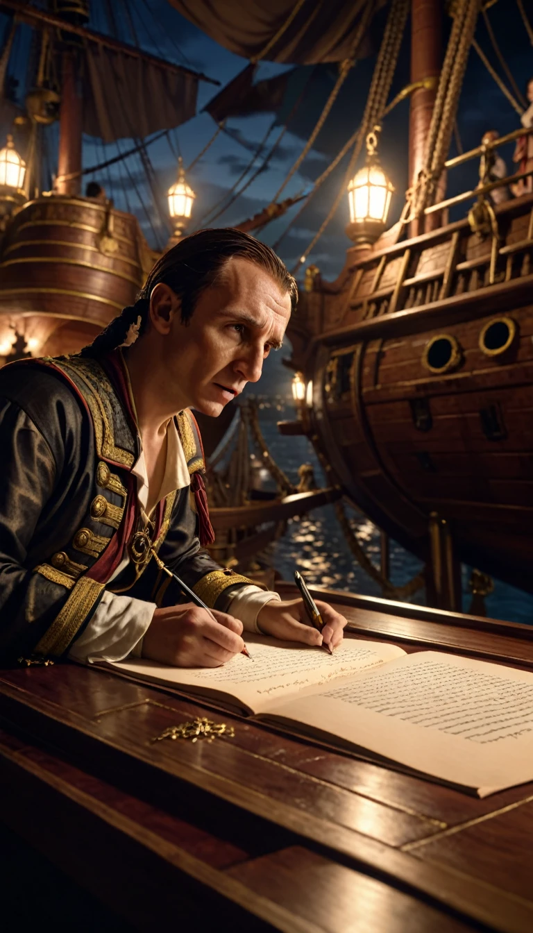 Cinematic style, Julius Caesar writing poetry on a pirate ship, background dark, hyper realistic, ultra detailed hyper realistic, photorealistic, Studio Lighting, reflections, dynamic pose, Cinematic, Color Grading, Photography, Shot on 50mm lens, Ultra-Wide Angle, Depth of Field, hyper-detailed, beautifully color, 8k, golden light from the front,