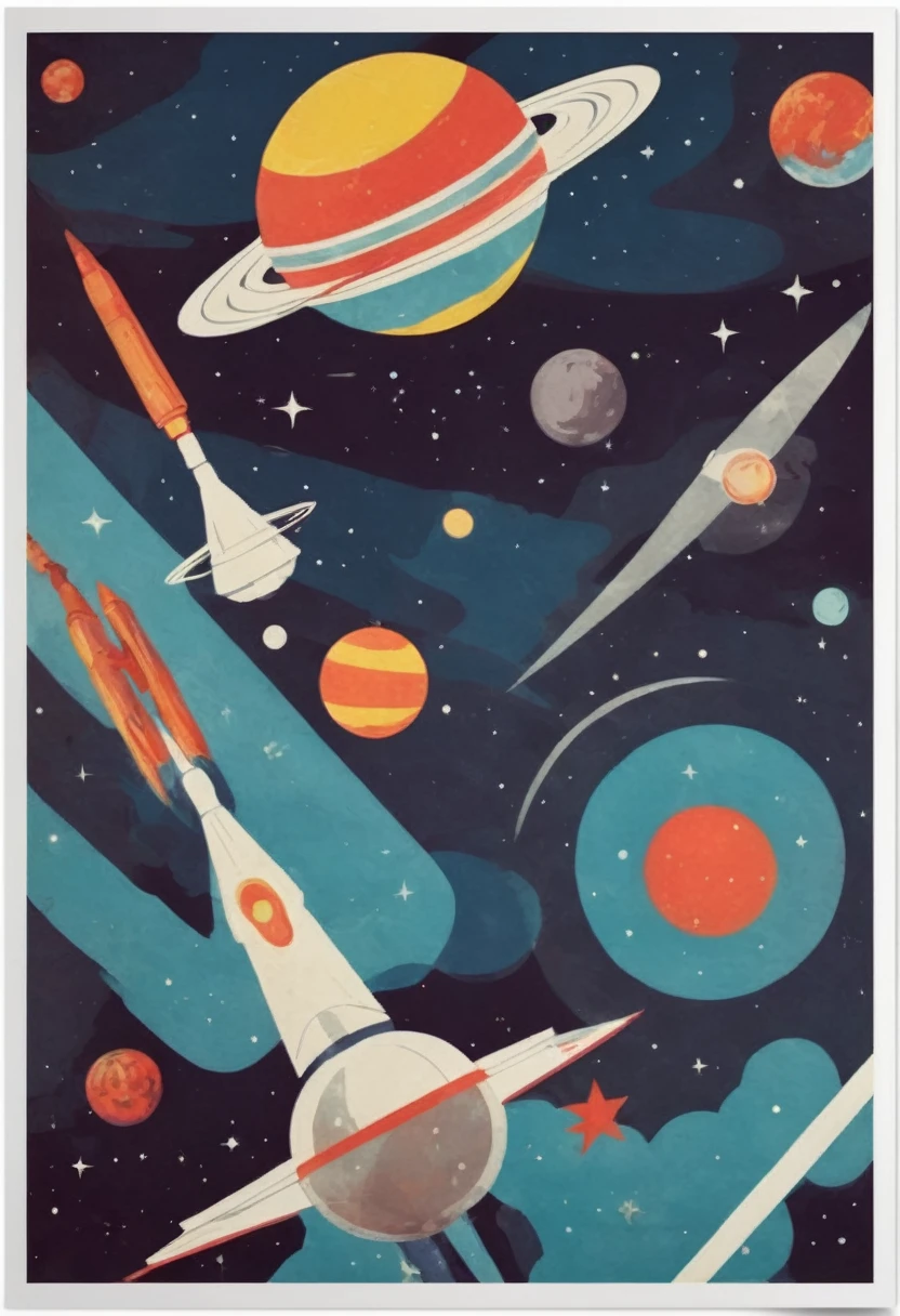 poster in the style of Soviet painting of the 1960s, poster theme - space