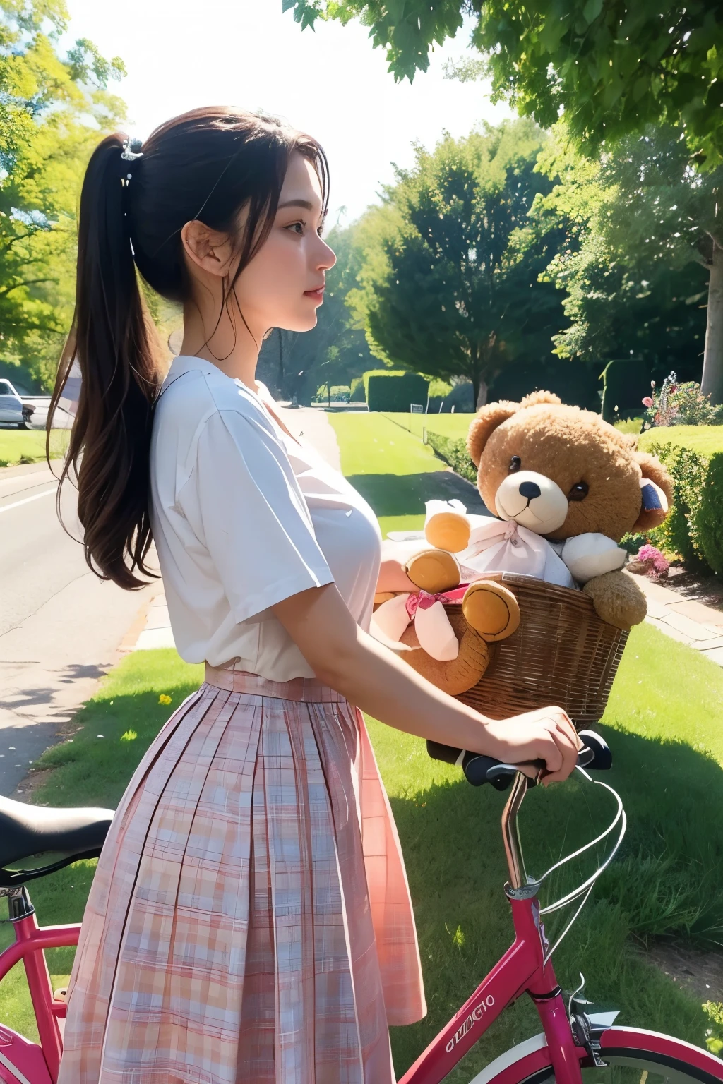 ((best quality)), ((masterpiece)), (detailed), perfect face, woman walking with Teddy bear in a basket, 🚿🗝📝, biking!!, red bike, resin drainage, 🪔 🎨;🌞🌄, 🤬 🤮 💕 🎀, Photo shoot, on a sunny day, profile image, 👰 🏇 ❌ 🍃, cottagecore!! fitness body, 😭 🤮 💕 🎀, Summer Afternoon, Brown color shirt, Pattern H long skirt,
