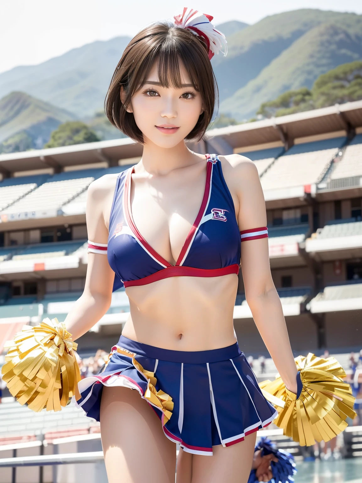 (Best quality: 1.5), (Real: 1.5), (1 person: 1.5), (masterpiece), (Skinny body:1.5), full body, (Highly detailed), (High resolution), 8k, (slightly saggy and medium breasts), Natural colored lips, Japanese woman, 24 old girl, thin eyebrows, beautiful and elegant face, cute face, arched thin eyebrows, (big eyes with a good balance between the left and right sides), cute eyes, beautiful eyes, beautiful thin nose, beautiful face line, fair skin, beautiful and graceful features, natural bangs, beautiful and thin nose, beautiful skin , medium bob hair, bob hair, natural bangs, perfect and beautiful facial features, slim face and figure, (bright lighting), (professional lighting:1.5), (frontal lighting), beautiful cleavage, 1 girl, cute and sexy 24 old woman, slim Japanese woman, fair skin, (cute smile), Beautiful breasts, Large window room , Beautiful hip line, (slim hips:1.2), beautiful slim thighs, (Japanese idol:1.5), Beautiful detailed skin, (Cheerleader outfits that expose cleavage), (Cheerleader outfits that expose under bust), (Tight cheerleader outfits), (Cheer girls:1.5), (Beautiful navel show:1.5), (Beautiful and slim thighs show:1.5), (Black hair, brunette hair), sports ground, Stadium, (Wearing a cheerleader costume), (wearing a cheerleader bra), (wearing a cheerleader pleated micro mini skirt),