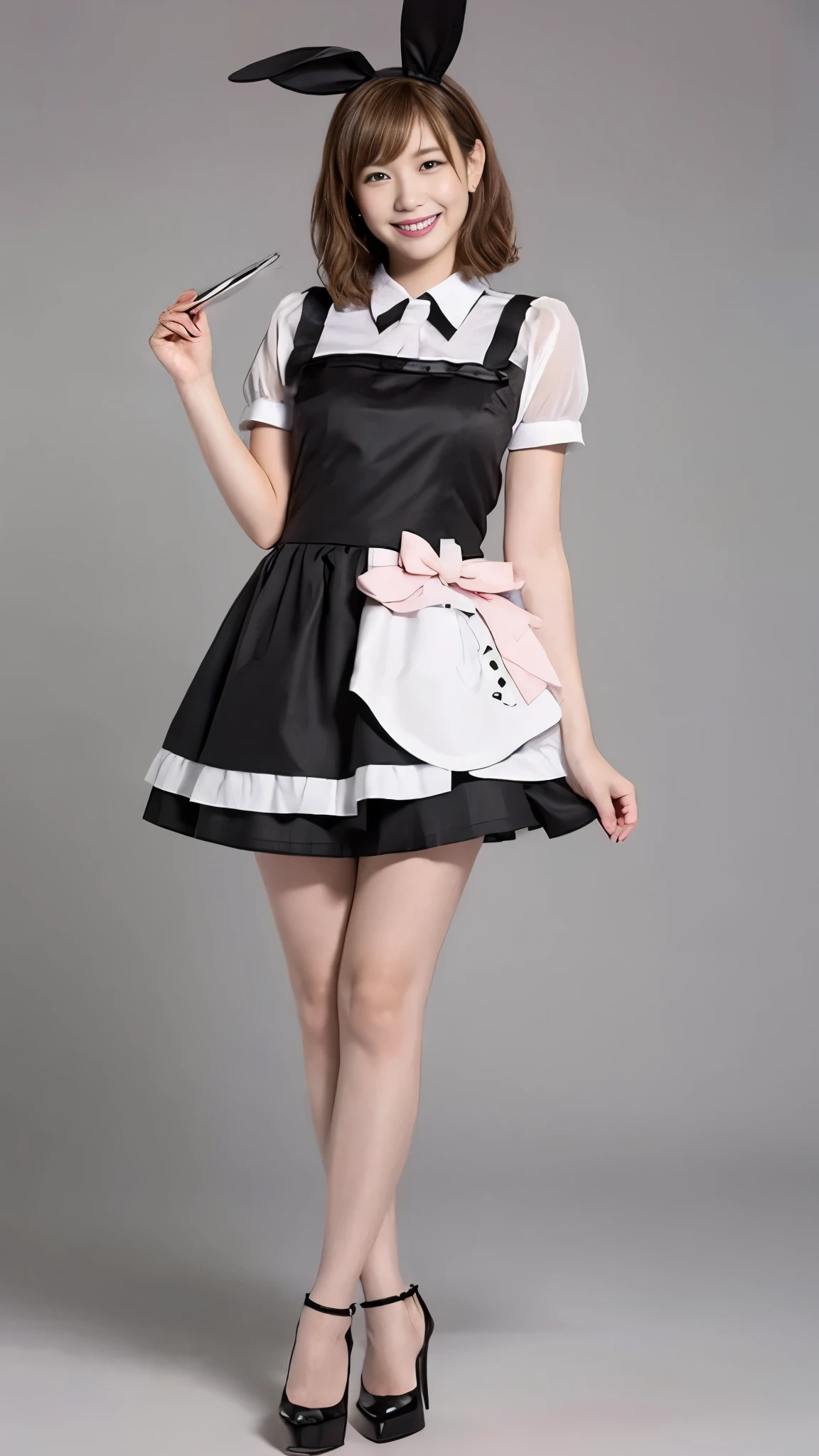 A bunny girl in a light pink maid outfit working at a maid cafe:1.5，The best smile:1.5，Full Body Shot:1.5，Gray background:1.5，Wearing black high heels:1.5，Brown hair, short cut, side wavy:1.5，Sitting in a chair:1.5