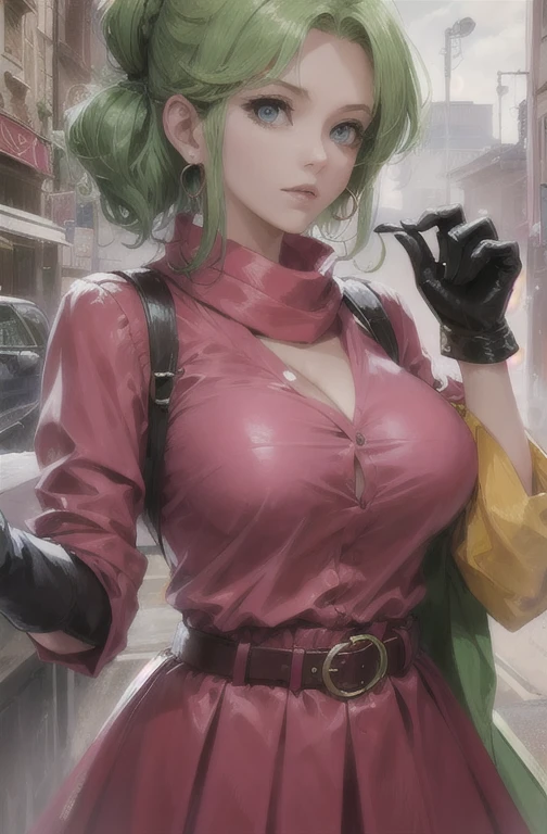 bulmadbzreddress Light green hair, short hair, blue eyes, earrings, Red Dress, yellow scarf dragon ball, bumboni, Light green hair, Headband, braided ponytails, Pink shirt, belt, scarf, Pink skirt, Clothes Writing, Brown gloves, Large Breasts, (((Cleavage))) (((Cleavage))) Bruma_briefly_older