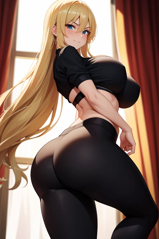16, girl, long blonde hair, big breasts, seductive stance, smirking, no blush, naughty looking, teasing , white bra, black yoga pants, big butt