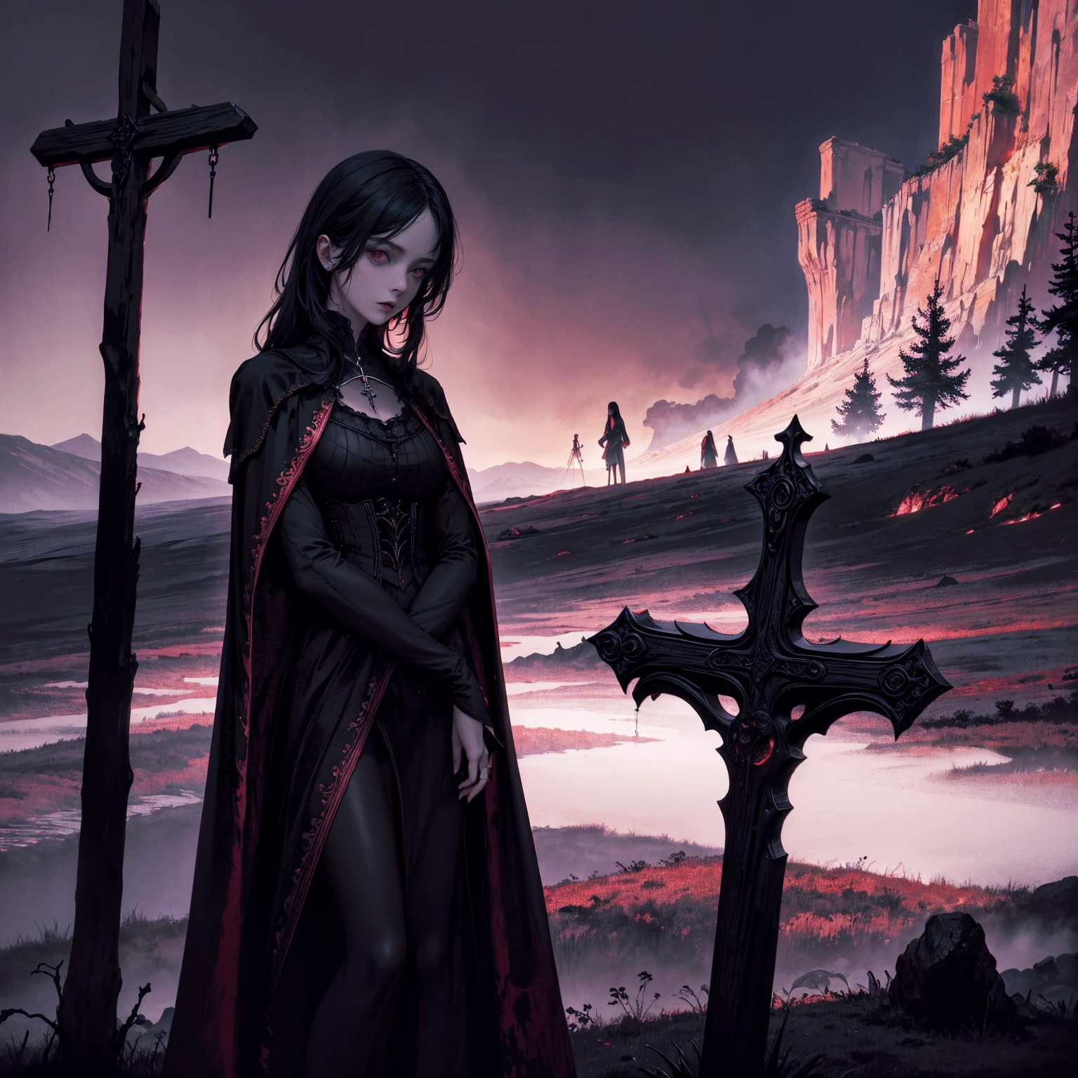 best quality, 4k, high resolution, masterpiece:1.2, Very detailed, actual:1.37, Mood lighting, girl, Crucified, Pitch black sky, Red Moonlight, strange atmosphere, Gothic style, Unforgettable beauty, Dramatic shadows, Ethereal Light, Mysterious atmosphere.
