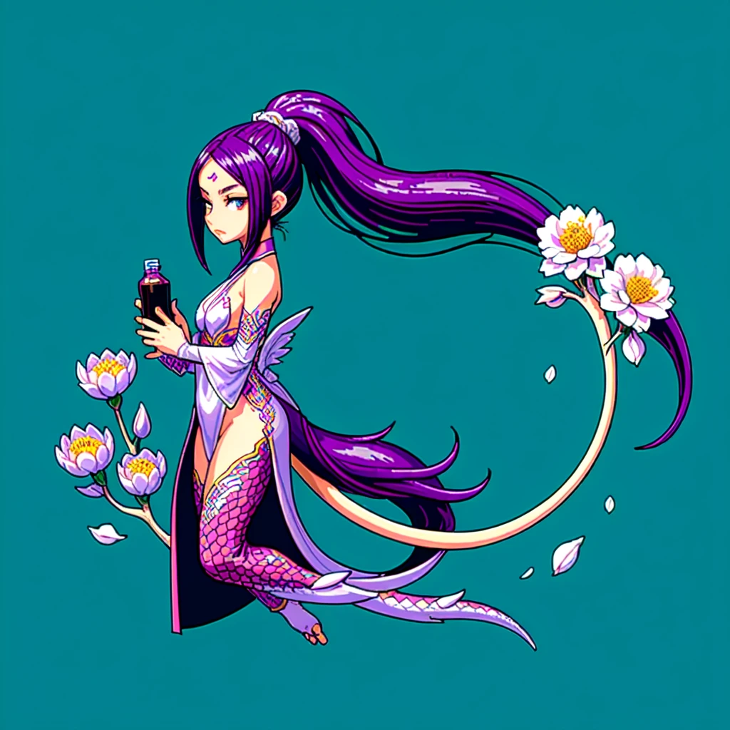(A beautiful dragon girl with long high ponytail,1girl,solitary:1.4,masterpiece:1.2,best quality:1.2,masterpiece,best quality,negative space:1.2,petal,liquid hair care,flowers,dragon background)
