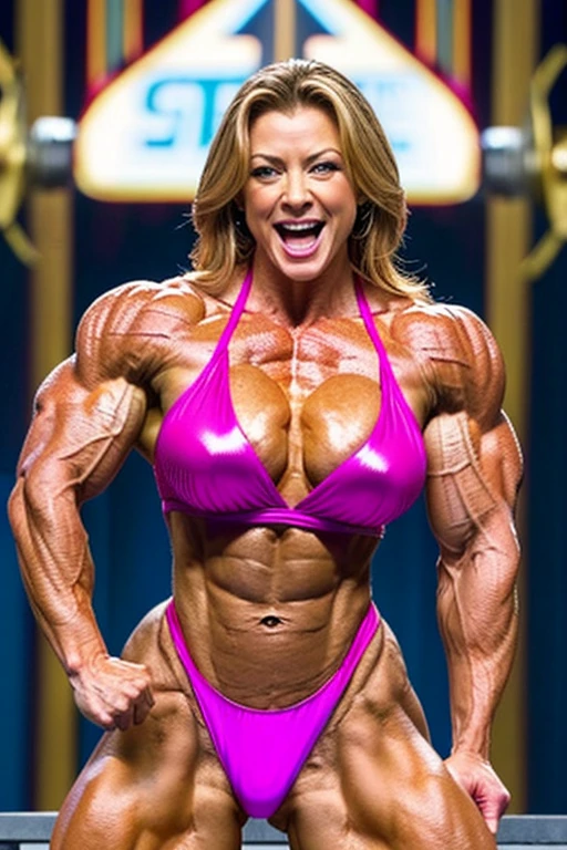 judy greer as a HUGE Ms Olympia female bodybuilder bimbo who is ripped and extremely muscular on anabolic steroids with HUGE tits and huge pumped up muscles, biceps, and veins