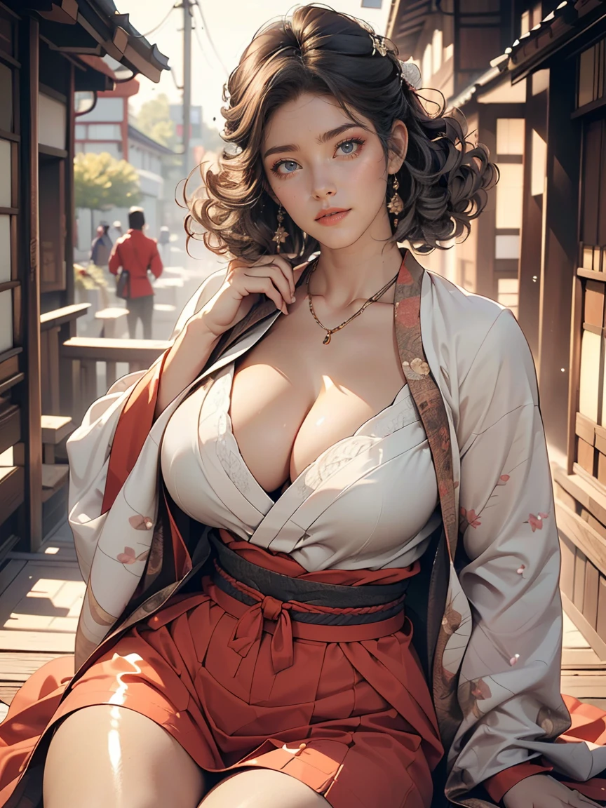 (8K, RAW photos, best quality, masterpiece:1.2), (realistic, photo-realistic:1.5)、(1 woman), 26 year old Japanese woman、hair is gray、Eye color is dark blue、blush with shame, high definition face, (Curly short hair)、shiny costumes, My chest sticks out、huge breasts, Sagging breasts due to gravity, milky thighs, outdoor, Cosplay costumes,