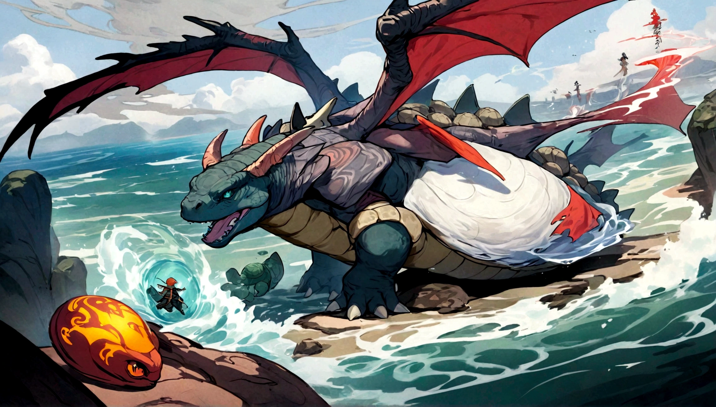 A dragon with a stone turtle shell, four huge legs, and the power of water, wind, and shore.