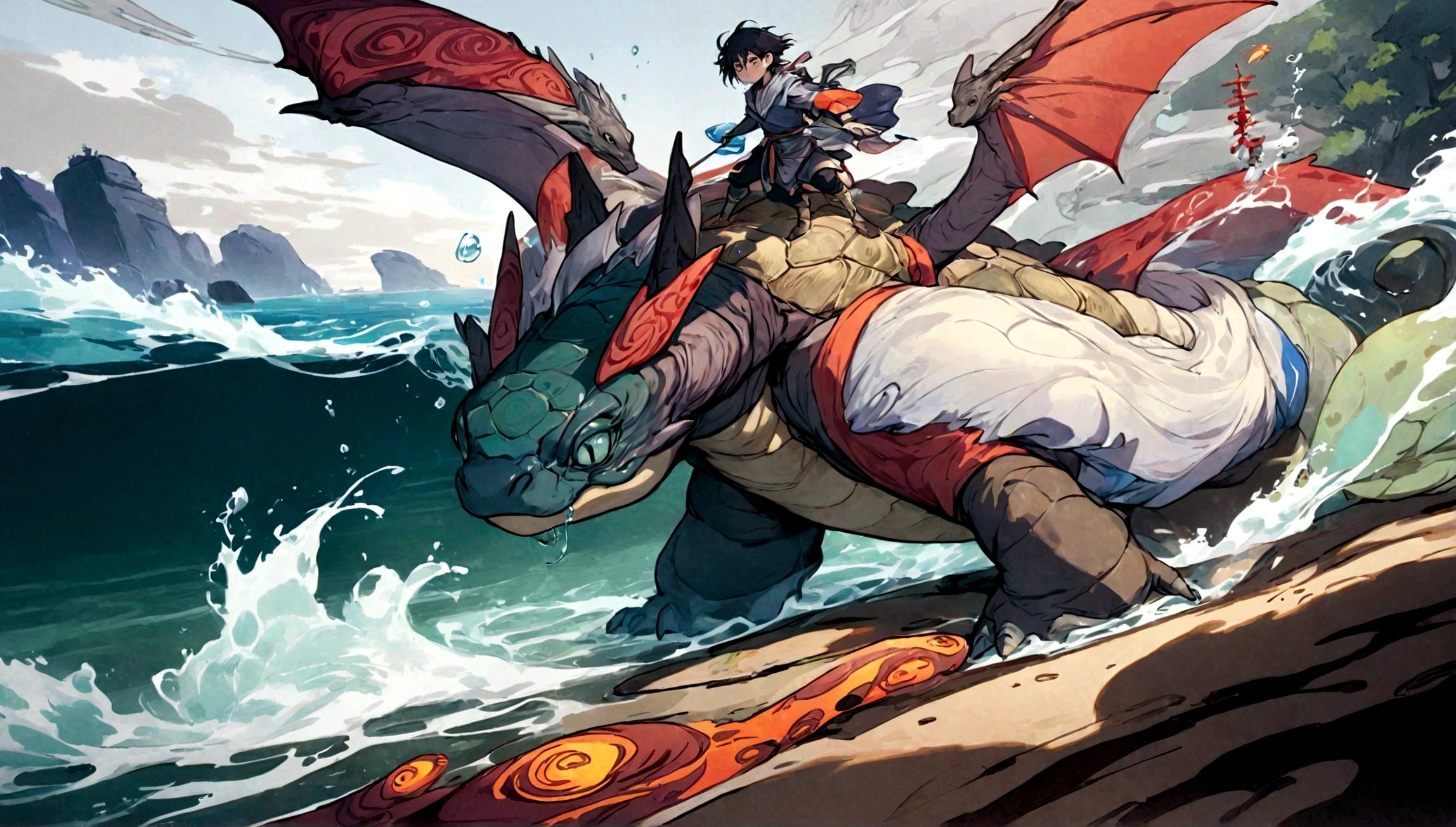 A dragon with a stone turtle shell, four huge legs, and the power of water, wind, and shore.