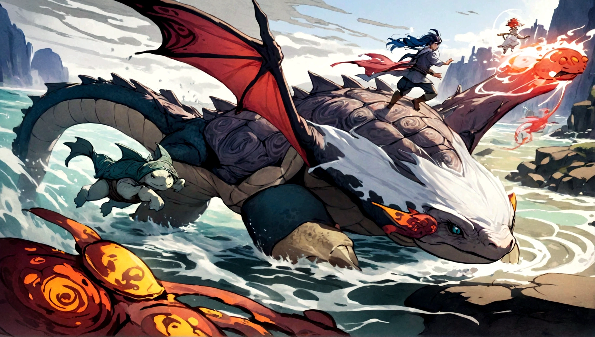 A dragon with a stone turtle shell, four huge legs, and the power of water, wind, and shore.