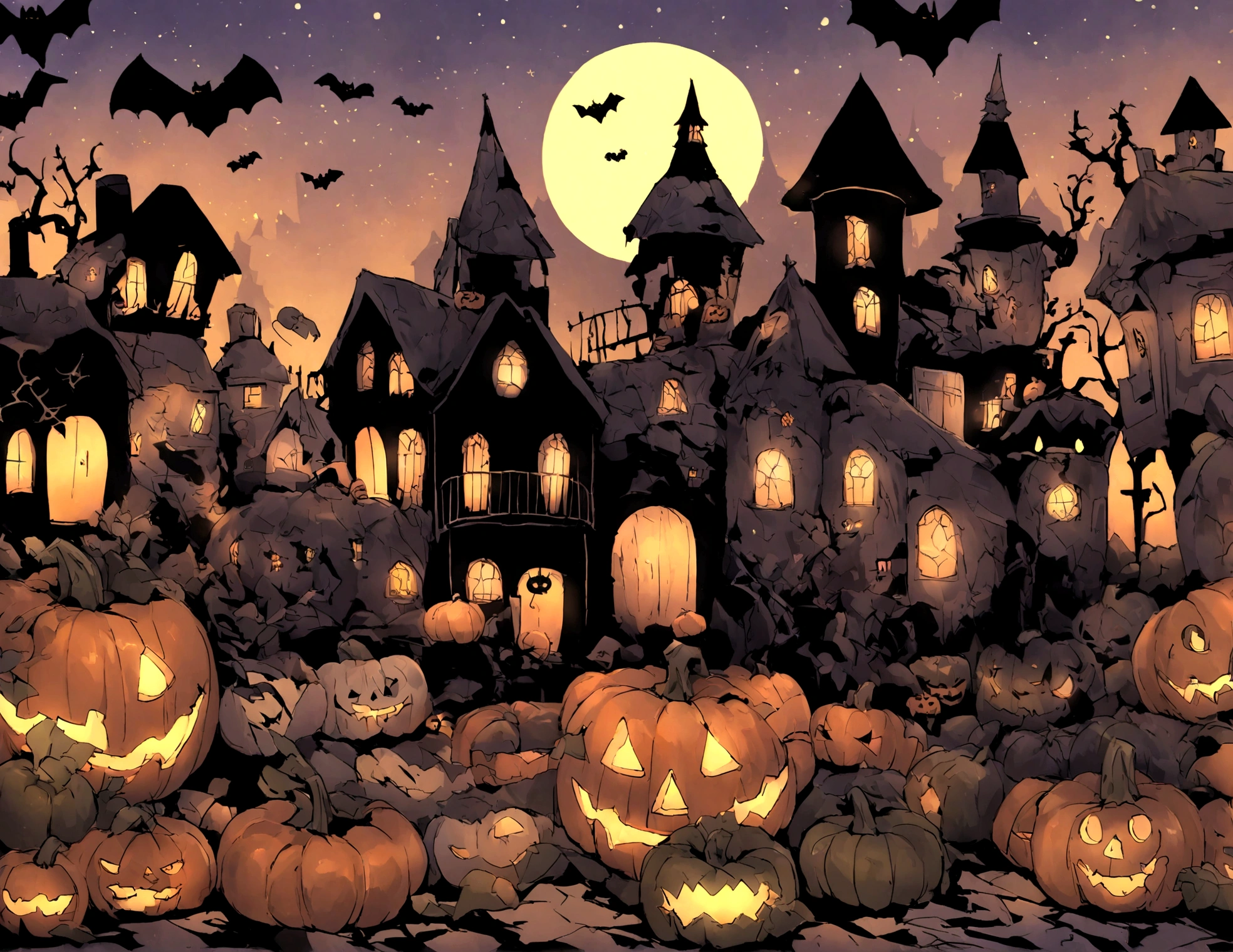 Halloween scene with pumpkins and house, Pamela Asherson (Pamela Ascherson) Detailed matte, Pixabay Contest Winners, Gothic art, sparkling, Sinister atmosphere, Behance HD
