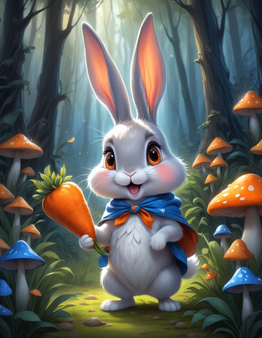 A gray rabbit,Holding an orange carrot in hand, Allegorical characters in the style of American animation, Vivid colors, Ultra-clear、Clear illustrations, Long ears, looks surprised, In the magic forest background,There are magical glowing mushrooms, With fluffy fur