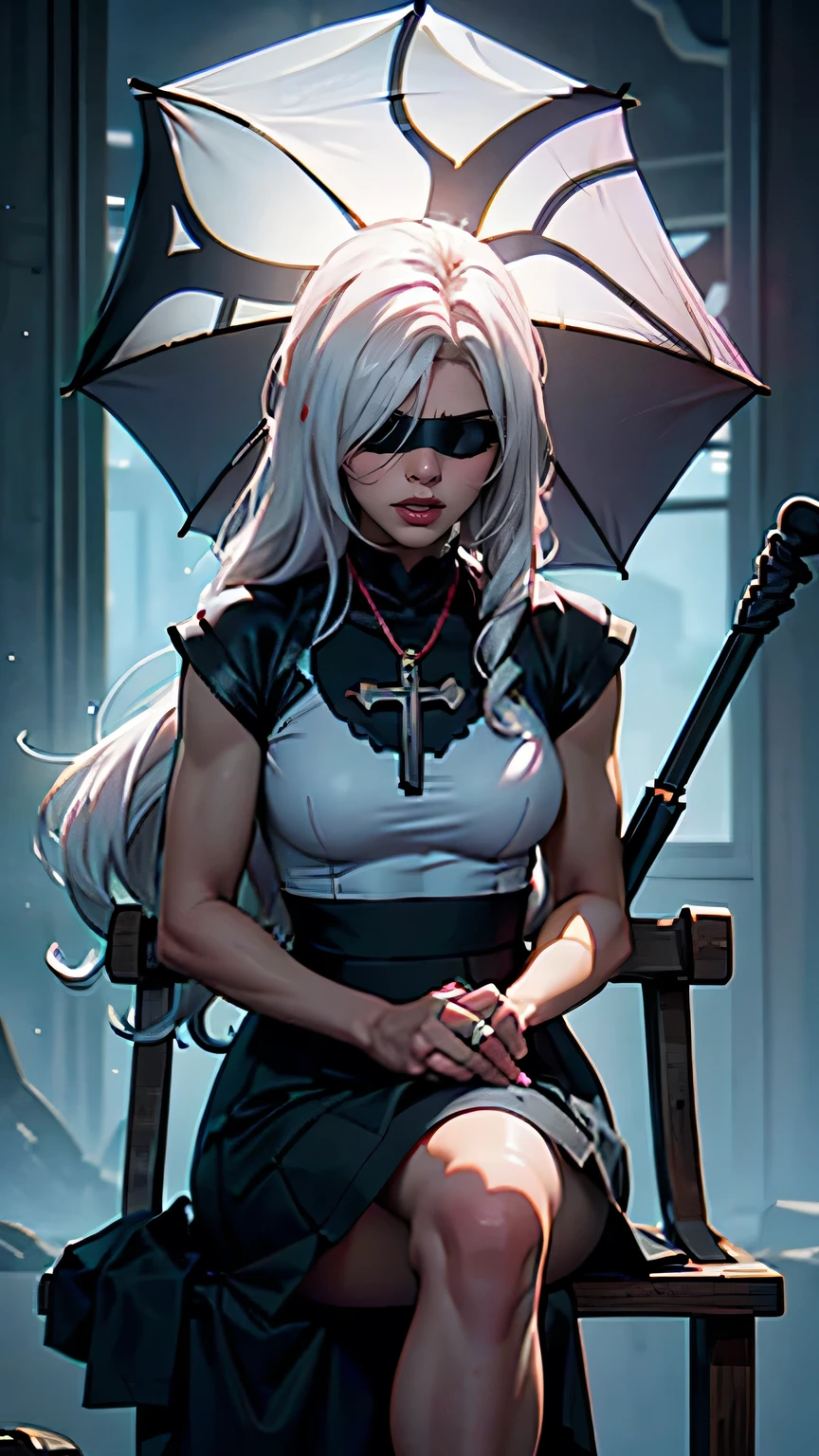 (1 Girl, Solitary, Solitary), antiquity,( 1 Girl, Solitary, Long hair, white hair, Headband, Blindfold, Blindfold, black Blindfold), ((Solitary, (1 female,Pink lipstick), Very detailed , Soft ambient lighting, 4k, Perfect eyes, Perfect face, Perfect lighting, girl 1)), ((healthy, , Well-proportioned body, athletic body, Fit body)) , ((Long skirt, umbrella, Cross your legs, skull, Skull decoration))