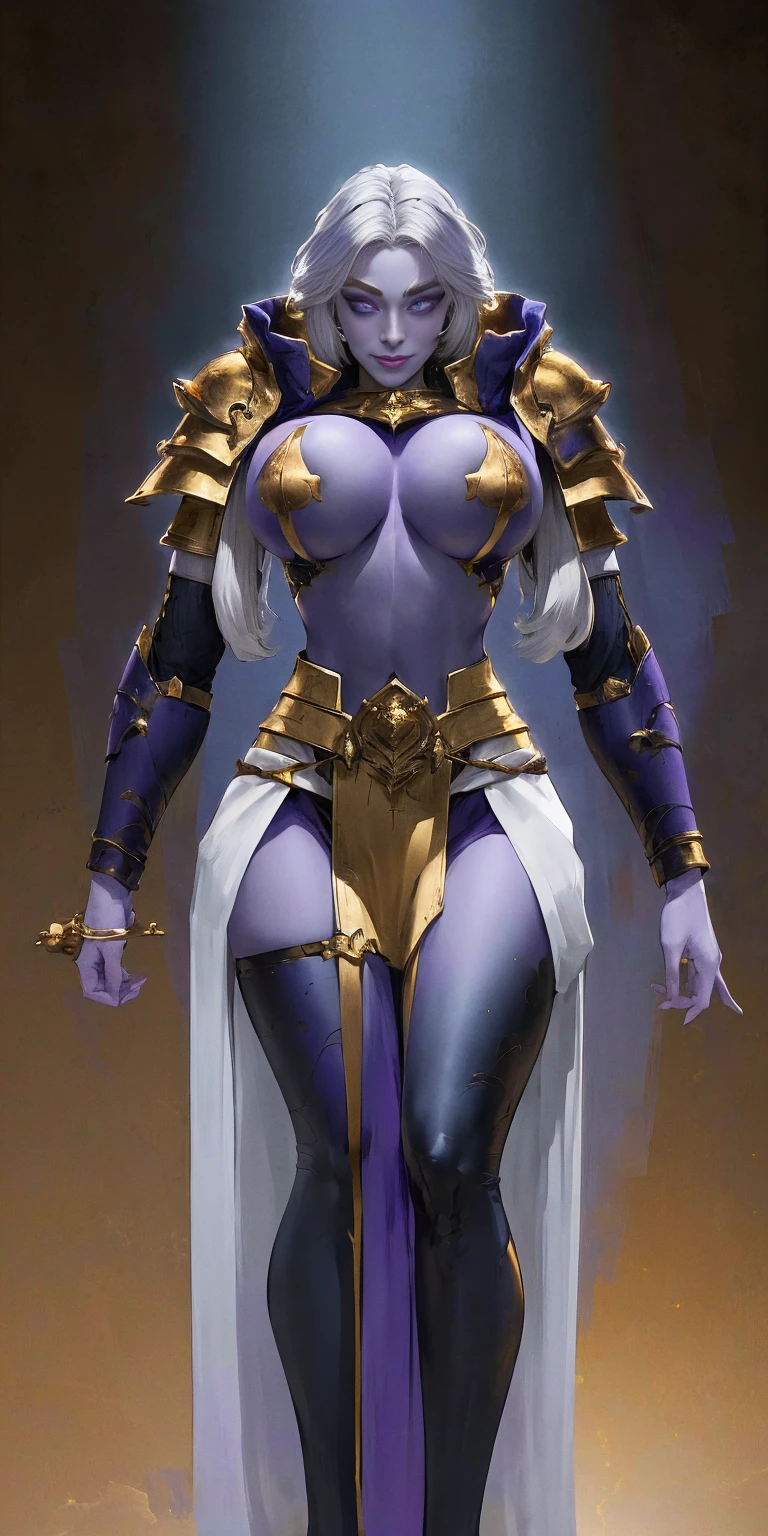 (Triplets)(chest covered)(smile)Gray skin, pale golden hair and violet eyes. They prefer clothing of white and silver with cloaks of deep blue or purple, huge_knockers, ((very precise detailed)) ((high res), Golden bracers (plain background)