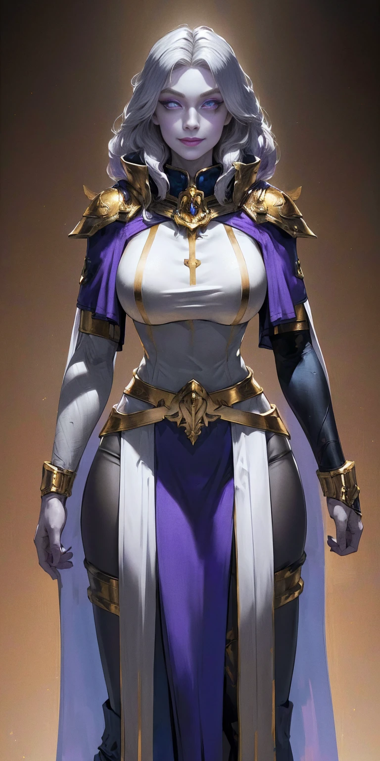 (Triplets)(chest covered)(smile)Gray skin, pale golden hair and violet eyes. They prefer clothing of white and silver with cloaks of deep blue or purple, huge_knockers, ((very precise detailed)) ((high res), Golden bracers (plain background)