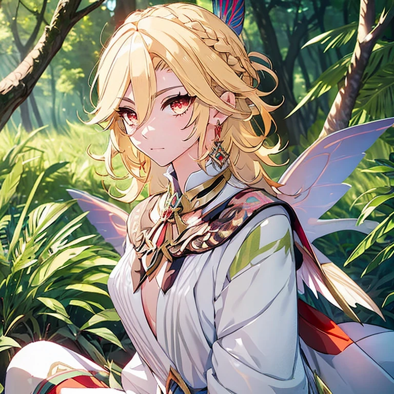 1boy, fairy, fairy wings, wings, big fairy wings, knee-length dress, short and open hair, blonde hair, bright hair, red eyes, night time, lush forest, glowing plants, sitting on grass, clearing barefoot, an image of an anime style character with blonde curls and a red headband, solo, jewelry, earrings, feather hair ornament, looking at viewer, male focus, red eyes, long hair, hair ornament, eyelashes, feathers, bangs, braid, hair between eyes, upper body, closed mouth, light particles, kaveh (genshin impact), teenage body, looking at the forest, transparent wings