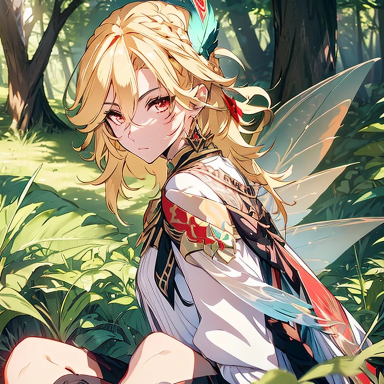 1boy, fairy, fairy wings, wings, big fairy wings, knee-length dress, short and open hair, blonde hair, bright hair, red eyes, night time, lush forest, glowing plants, sitting on grass, clearing barefoot, an image of an anime style character with blonde curls and a red headband, solo, jewelry, earrings, feather hair ornament, looking at viewer, male focus, red eyes, long hair, hair ornament, eyelashes, feathers, bangs, braid, hair between eyes, upper body, closed mouth, light particles, kaveh (genshin impact), teenage body, looking at the forest, transparent wings