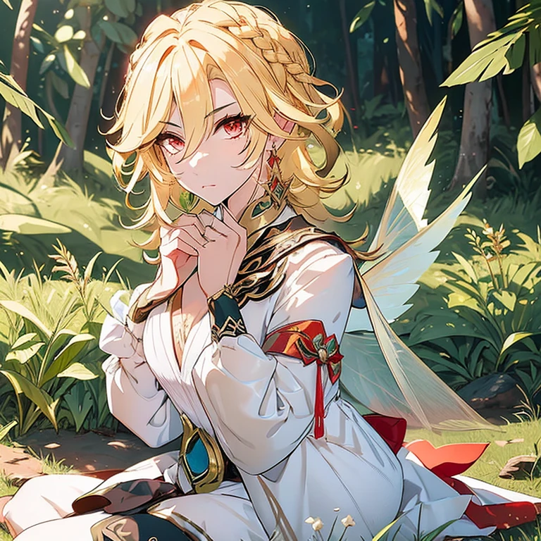 1boy, fairy, fairy wings, wings, big fairy wings, knee-length dress, short and open hair, blonde hair, bright hair, red eyes, night time, lush forest, glowing plants, sitting on grass, clearing barefoot, an image of an anime style character with blonde curls and a red headband, solo, jewelry, earrings, feather hair ornament, looking at viewer, male focus, red eyes, long hair, hair ornament, eyelashes, feathers, bangs, braid, hair between eyes, upper body, closed mouth, light particles, kaveh (genshin impact), age body, looking at the forest, transparent wings