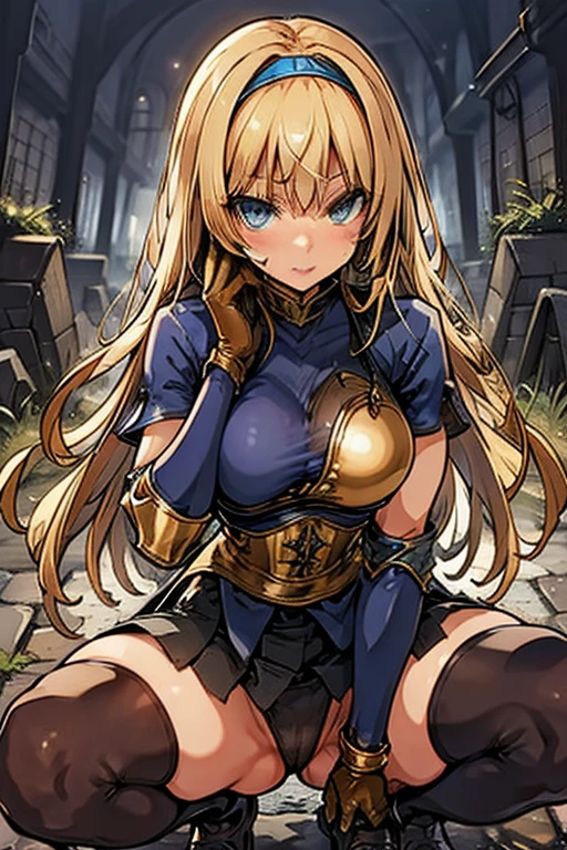 City in Ruins,Remains,
rubble,weed,cracked cobblestone,Mossy wall,Waterway, Plants are overgrown,
nsfw, bewitching pose, (((vulgarity))), sweat,Dripping water,My whole body is wet,heavy breathing, humid,
(超High resolution),High resolution,Sharp focus,(Super detailed,Very detailed),(Very detailed CG unity 8k wallpaper),(((Vibrant colors)))、{best illustration},
肌 tanned, shiny 肌,very shiny 肌,Shiny body,plastic glitter 肌,exaggerated shiny 肌,illuminated skin))),
Complex eyes,Beautiful fine details,Symmetrical eyes,Big eyes:1.5,Seductive eyes, ((Detailed body)),(Detailed face)),
cute,Lewd,erotic,Bold,Camel Toe,slender,Tight waist,Long legs,curve,Cleavage,Revealing clothing,show 肌,
long hair, Brown Hair,
1People Girls,Archer,Light blue garments,Gold breastplate,Leather boots,Leather gloves、Brown Thigh Socks、Gold Ring、Slit Skirt、Gold Armor、Gold collar, headband, gold corset,White underwear,
(from below),duck squat, spread legs, open legs,